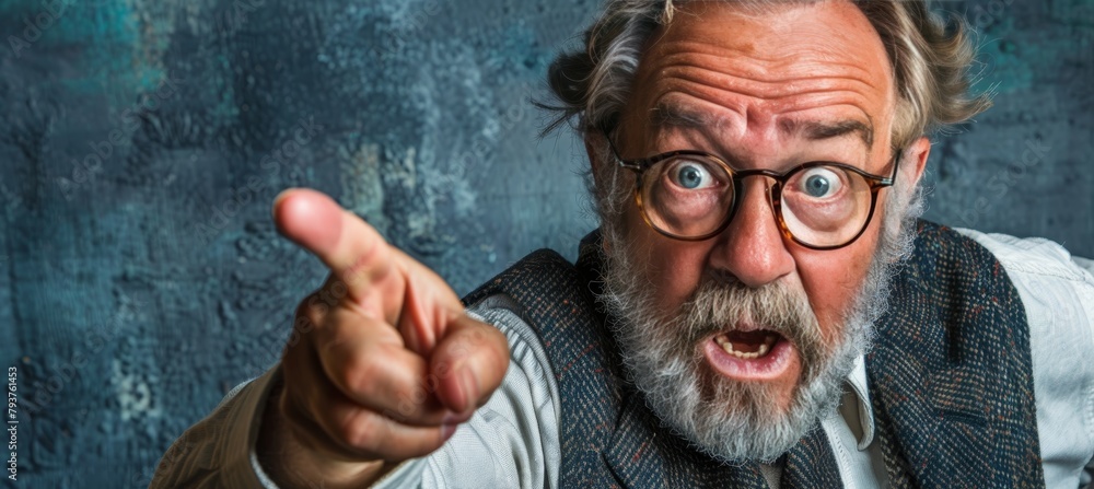 Poster elderly man pointing enthusiastically on muted backdrop with ample room for text placement