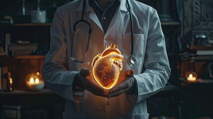 the doctor holds an artificial heart in his hands