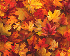 Realistic fallen leaves in vibrant shades of orange, red, and yellow, a carpet of autumn on a forest floor