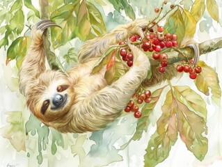 Fototapeta premium A sleepy sloth, hanging upside down from a branch painted in soft greens and browns, cradled a bunch of vibrant red berries in its slowmoving paws, a comical watercolor picture of contentment