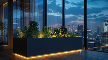 Sleek black rectangular flower box with plants on the terrace of an apartment building overlooking the city at night. Outside there is a view of city buildings and skyscrapers.