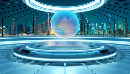 3D Futuristic cityscape with holographic globe