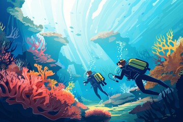 Two individuals in scuba gear are submerged in water, engaging in a guided diving tour to explore a vibrant coral reef ecosystem - obrazy, fototapety, plakaty