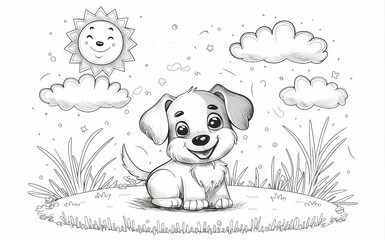 Black and white sketch of a cheerful dog. Drawing for coloring