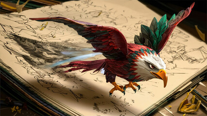 A drawn eagle flying out of a sketchbook