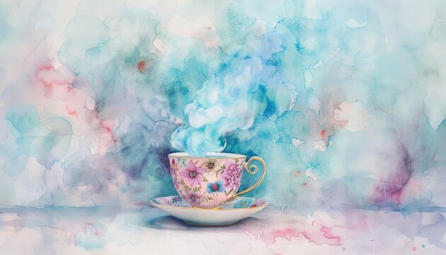 A tiny teacup, painted with delicate floral patterns in soft pinks and lavender, overflowed with a cloud of baby blue steam, a whimsical watercolor scene waiting for a tiny tea party to begin