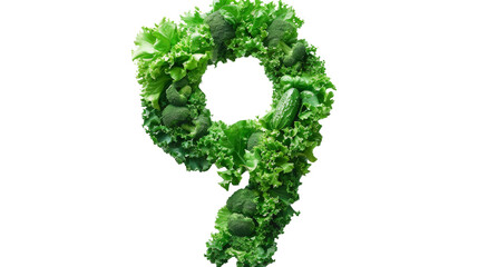 Number Nine made of green vegetables on the transparent background, PNG Format