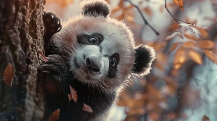 A very cute baby panda sits on a tree, with black and white fur all over his body, big eyes, a...