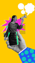 Woman appearing on mobile phone screen and shouting in megaphone. Contemporary art collage. Interactive marketing campaigns. Concept of business, public relations, marketing and management