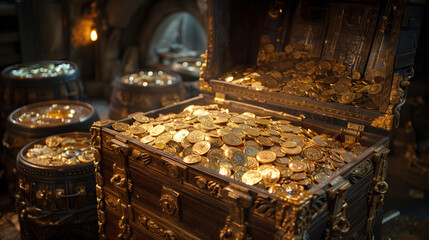 A treasure chest overflowing with gleaming gold coins - obrazy, fototapety, plakaty