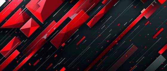 Artistic abstract of red crystalline shapes on a stark black background with diagonal lines and dynamic composition in a wide format. Black red abstract geometric presentation. - obrazy, fototapety, plakaty