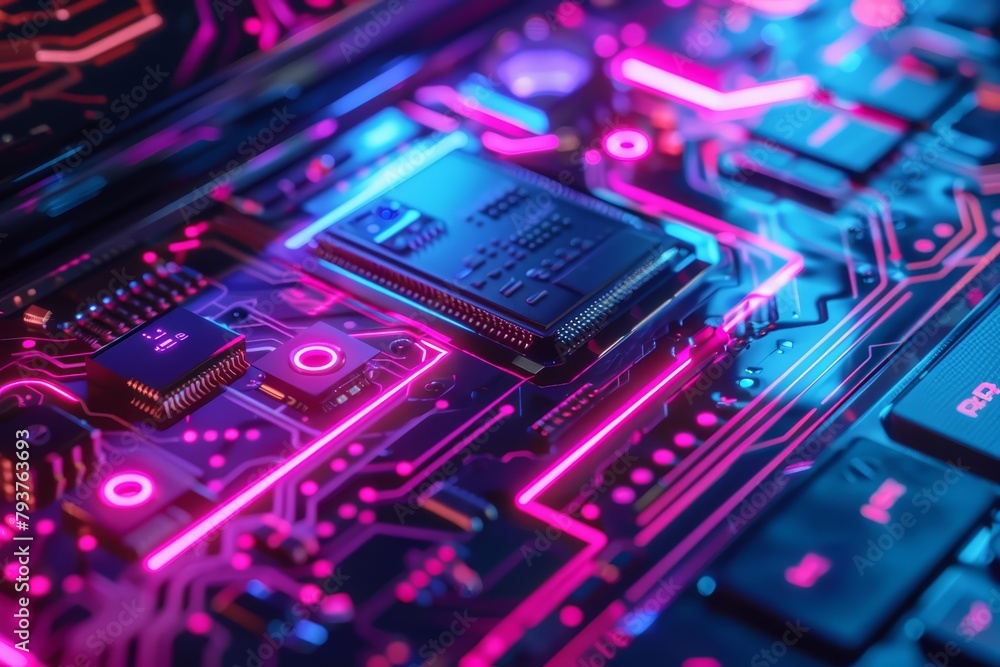 Poster an abstract representation of computer technology, with vibrant neon colors highlighting the intrica