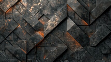 A modern geometric pattern on the wall with dark gray and black tiles laid out in an intricate pattern. The surface texture is textured like stone or marble.