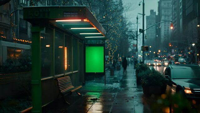 Bus stop in New York city with vertical digital OOH mockup with green screen.generative ai