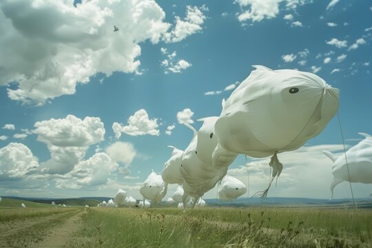 AIpowered weather balloons, shaped like playful creatures, danced in the sky, manipulating weather patterns to prevent natural disasters