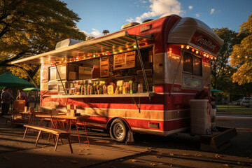 Open retro food truck with delicious dishes