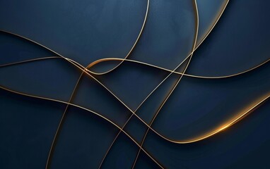A contemporary design with fluid golden curves overlaying a dark blue backdrop, ideal for modern decor themes. Blue gold abstract wave lines background.