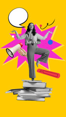 Young woman standing on books and meditating with speech bubble and megaphone on background. Contemporary art collage. Concept of business, public relations, marketing and management