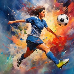 an expressive oil painting of a soccer player shooting at goal , generated by AI