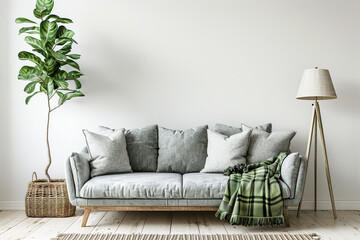 Interior Living room with gray velvet sofa, pillows, green plaid, lamp and fiddle leaf tree in wicker basket on white wall background, 3D rendering