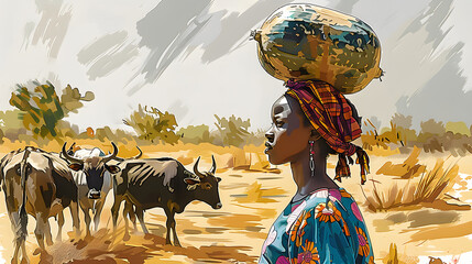 woman carrying a calabash on her head - obrazy, fototapety, plakaty