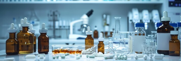 Assorted medication bottles and tablets arranged haphazardly on a desk, against a backdrop of laboratory instruments and scientific tools - obrazy, fototapety, plakaty