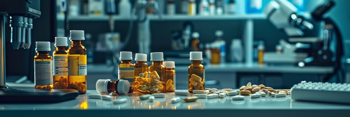 Assorted medication bottles and tablets arranged haphazardly on a desk, against a backdrop of laboratory instruments and scientific tools - obrazy, fototapety, plakaty