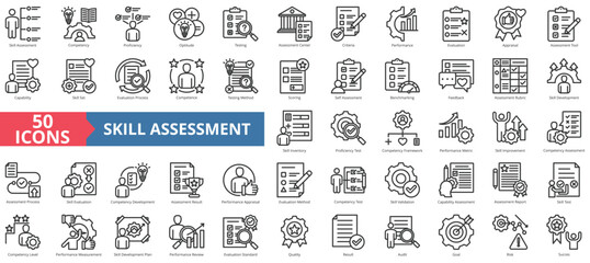 Skill assessment icon collection set. Containing competency, proficiency, aptitude, testing, center, criteria, performance icon. Simple line vector. - obrazy, fototapety, plakaty
