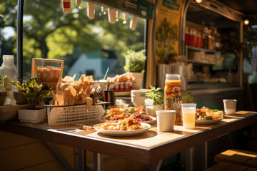 Delicious fast food on the table of a restaurant bus in a city park - obrazy, fototapety, plakaty