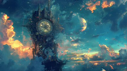 A celestial clocktower soaring into the heavens, its intricate gears and mechanisms illuminated by the shifting hues of a twilight sky, marking the passage of time in a realm of eternal enchantment. - obrazy, fototapety, plakaty