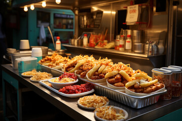 Fototapeta premium Delicious fast food on the table of a restaurant bus in a city park