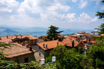 Landscape and Panoramic view of the walls of San Marino. Europe.