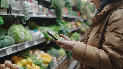 A woman in a brown jacket is using her phone while shopping for groceries.