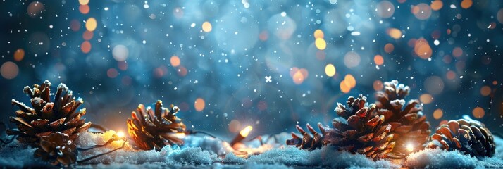 Holiday December. Christmas Decoration with Falling Snow and Glowing Lights - Christmas and Winter Background - obrazy, fototapety, plakaty