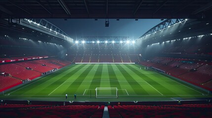 Football stadium with fans in their seats and an empty field on match day. The stadium is illuminated from above, creating an atmosphere of excitement before the start of the game.