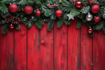 Fototapeta na wymiar Holiday Wood. Christmas Background with Festive Red Decorations on Wooden Surface