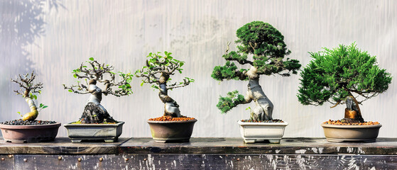 Various bonsai trees at different heights and ages, in the Japanese bonsai style. - Powered by Adobe