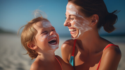 mother smears a cheerful child with sunscreen on the beach, spf, sun protection, summer, sea, woman, boy, baby, kid, family, care, skin, tanning, cosmetics, sunblock