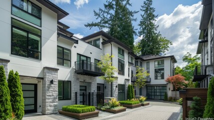 Elegant townhouse with white exterior and black accents, large windows and gate leading to front yard, surrounded by other buildings, bright blue sky overhead on a clear day.