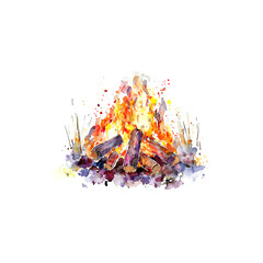 Vivid Watercolor Painting of a Campfire Sceneю Vector illustration design.