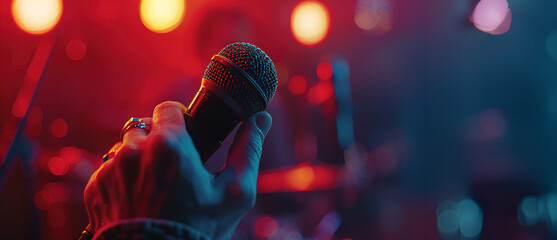 Hand holding microphone on stage with glowing bokeh, live concert atmosphere captures music passion