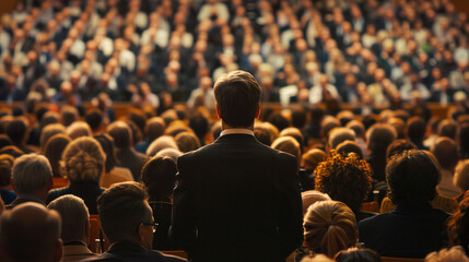 Rear view of Audience in the conference hall or seminar meeting which have Speakers - obrazy, fototapety, plakaty