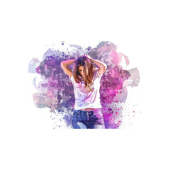 Energetic Woman with Abstract Purple Splash. Vector illustration design.