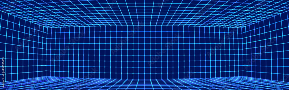 Poster Cyberpunk Grid VR 3D Room with Fisheye Lens Effect. Grid Frame Tech Party Flyer Background. Abstract Digital Background. Vintage Computer Virtual Reality VR Tunnel Technology Vector Illustration.