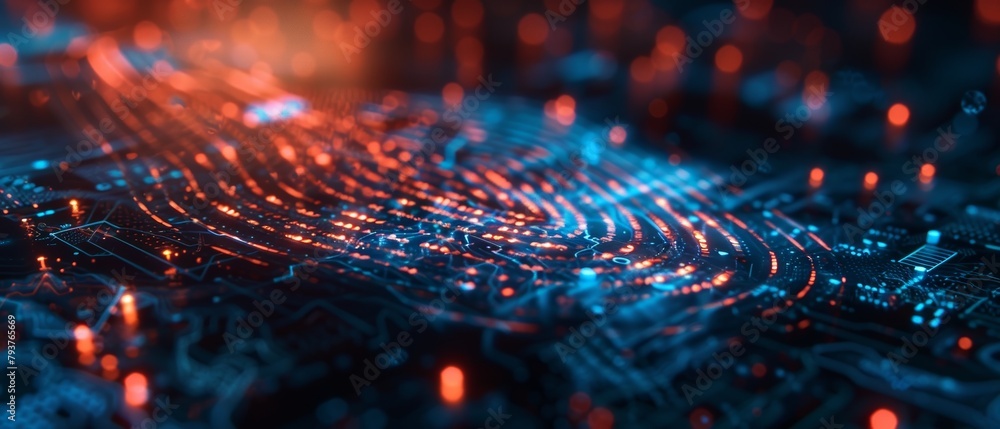 Aufkleber this image showcases a red-hued landscape of intricate circuitry patterns, embodying a sense of adva