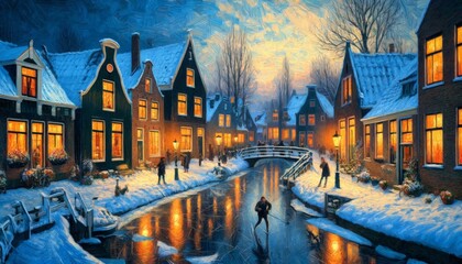 A winter scene in a quaint Dutch village
