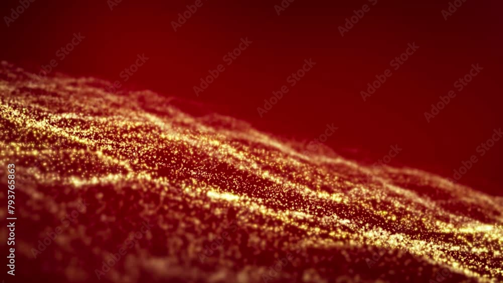 Poster video animation of golden light shine particles bokeh over red background - abstract particles backg