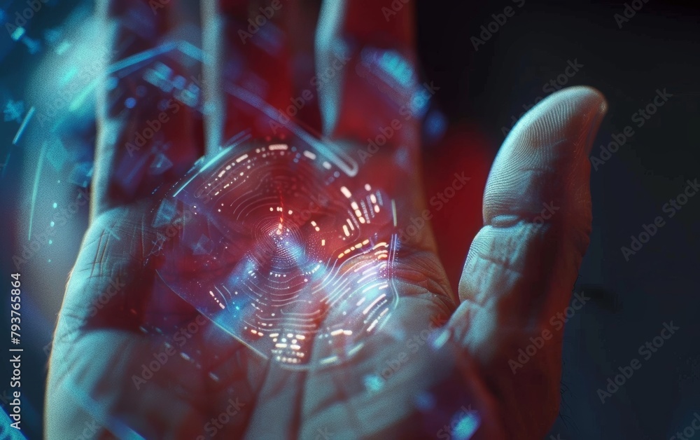 Aufkleber a conceptual image displaying a hand holding a holographic fingerprint, illustrating futuristic auth
