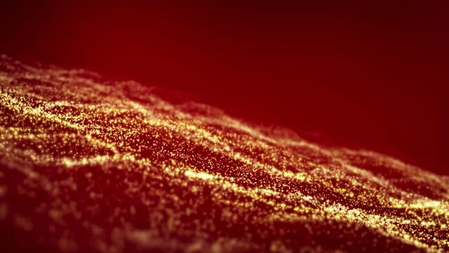 Video animation of golden light shine particles bokeh over red background - abstract particles background.