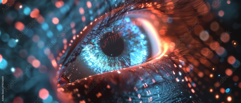 Aufkleber close-up of an eye with red digital networks, conveying the concept of data analysis and cyber conne